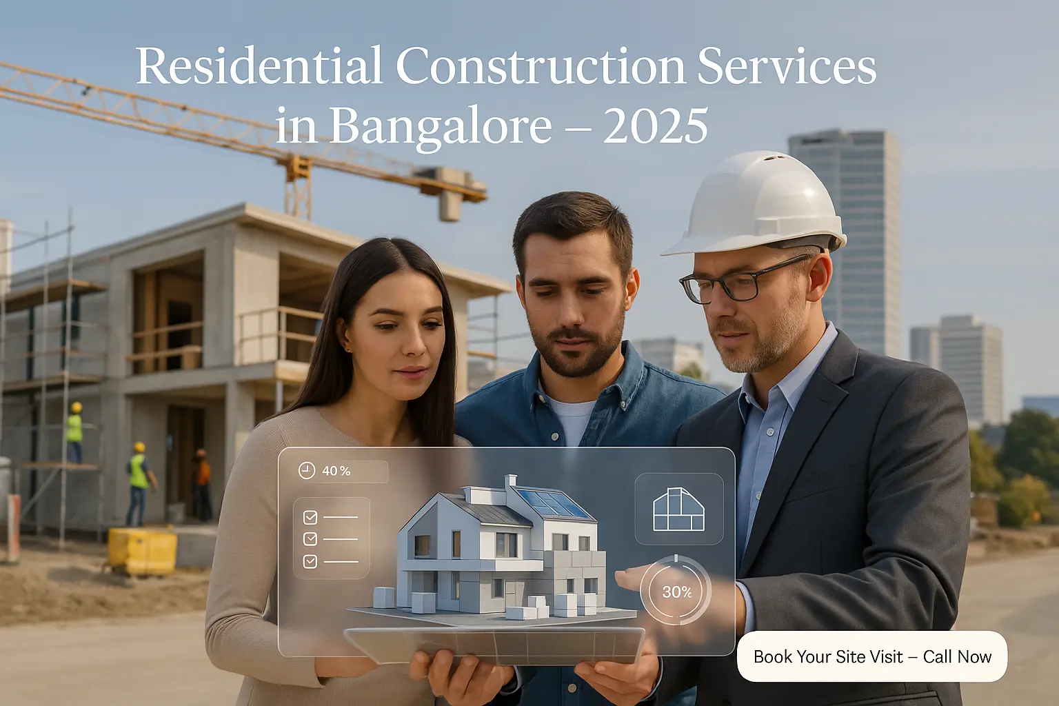 Modern residential construction in Bangalore 2025 – couple and architect reviewing 3D smart home plans at construction site with digital interface.