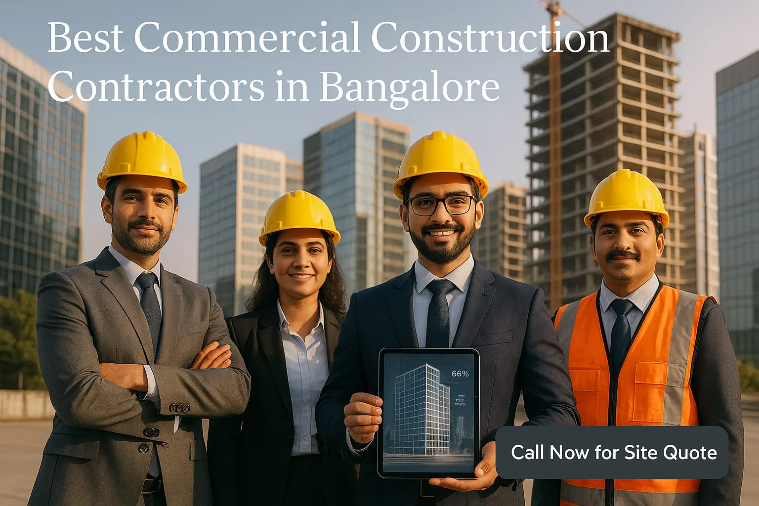 Professional team of commercial construction contractors in Bangalore standing at a high-rise site, showcasing project progress on a digital tablet.