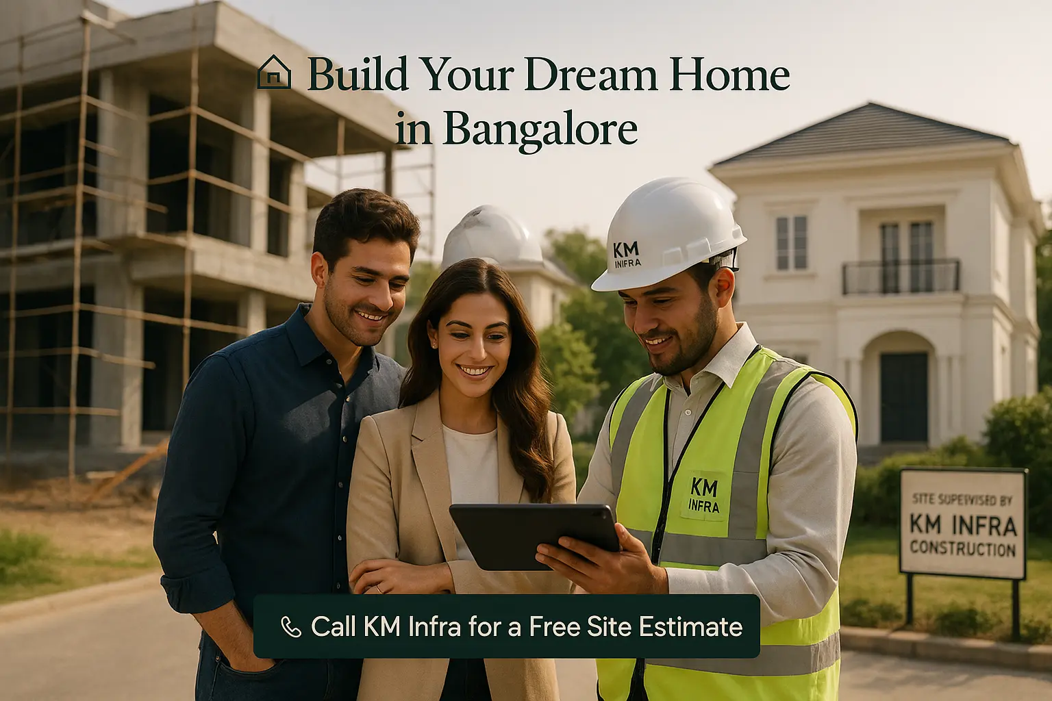 Couple consulting KM Infra Construction engineer on residential home project in Bangalore with site plan tablet, new villa and construction site in background