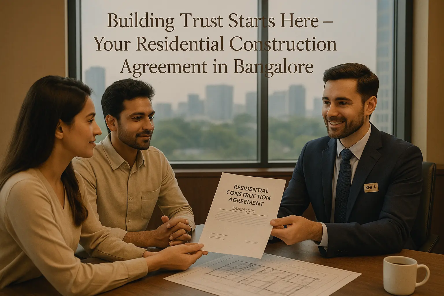 Residential construction agreement meeting in Bangalore with KM Infra representative and couple discussing house plan in modern office setting