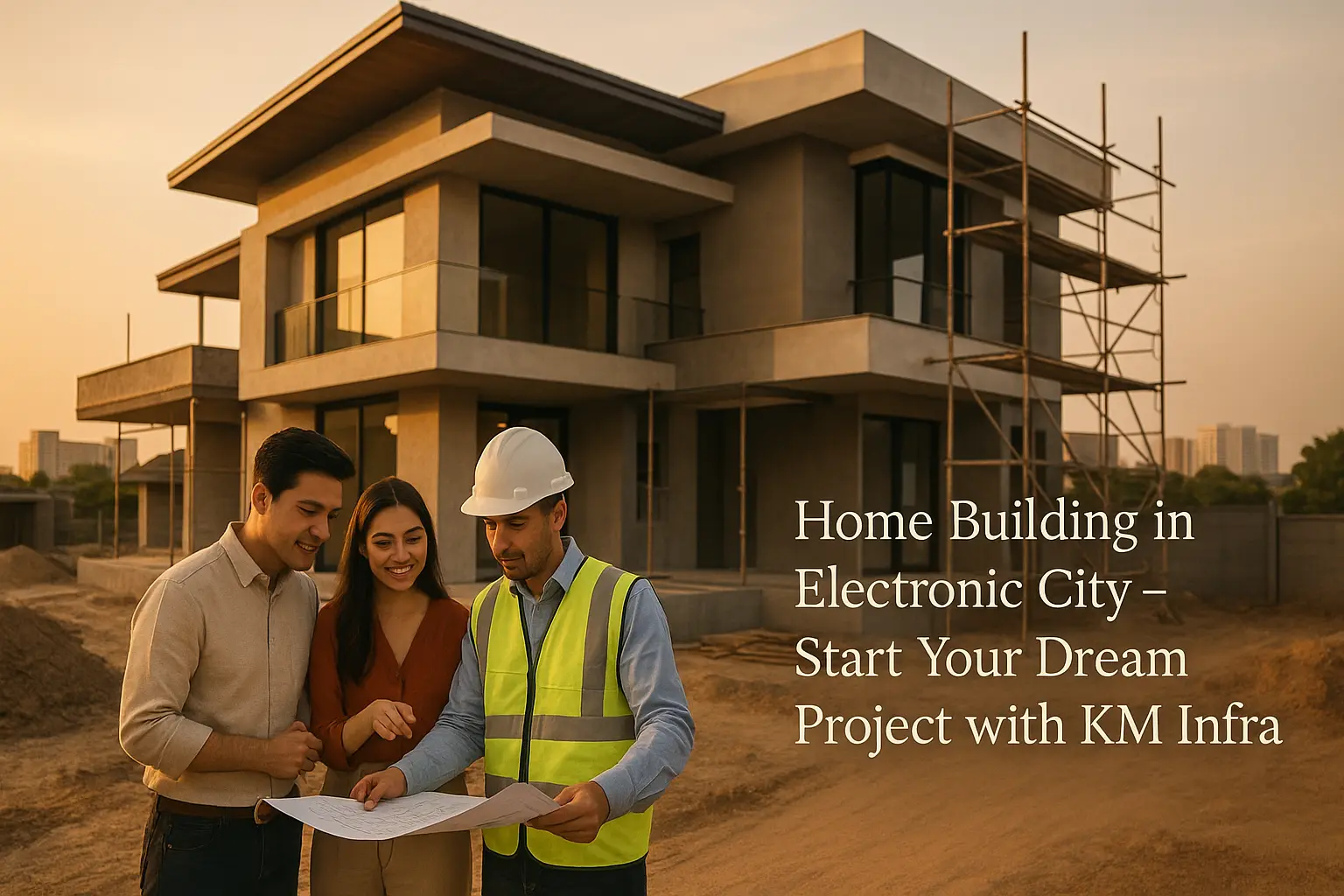 Home construction in Electronic City Bangalore with KM Infra engineer and couple reviewing blueprint in front of modern house under construction