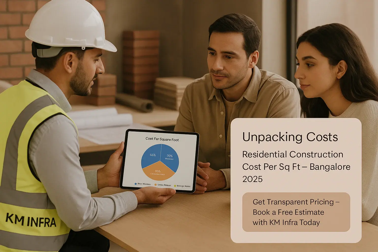 KM Infra Bangalore engineer explaining 2025 residential construction cost per sq ft with pie chart breakdown to a couple, featuring labor, raw material, and finishing cost estimates